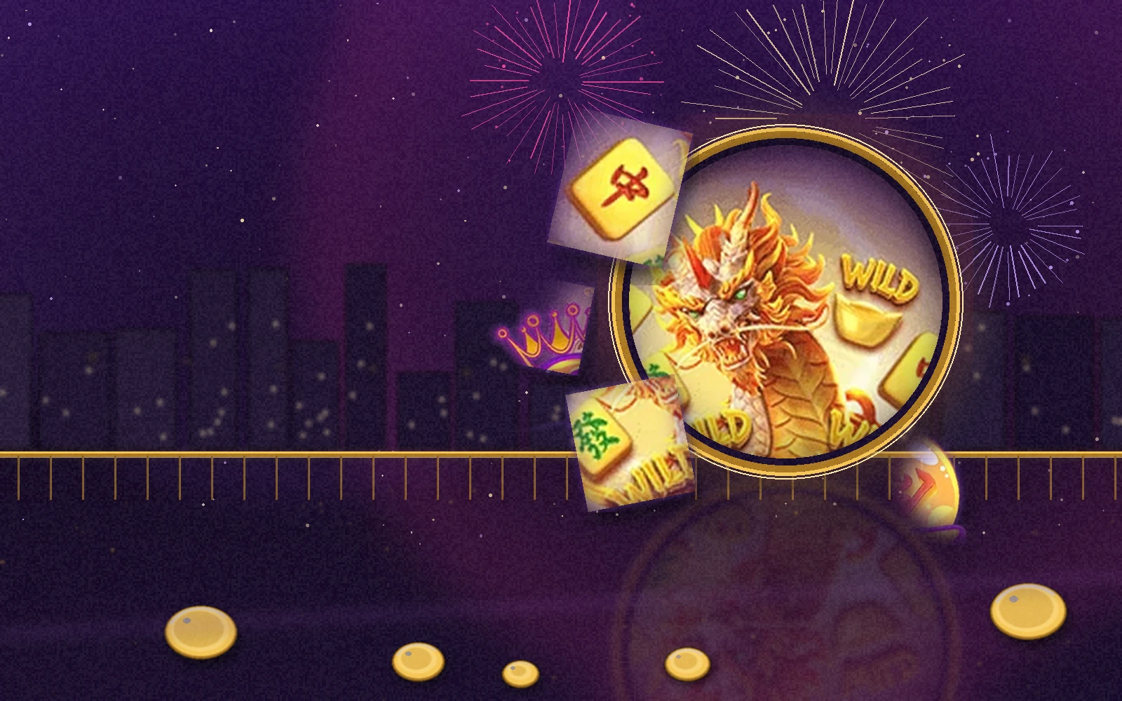 Teras neon ungu sr996: cincin emas dengan kepala naga, ubin mahjong 中 dan 發, bola emas, koin, serta kembang api di atas balkon kasino
